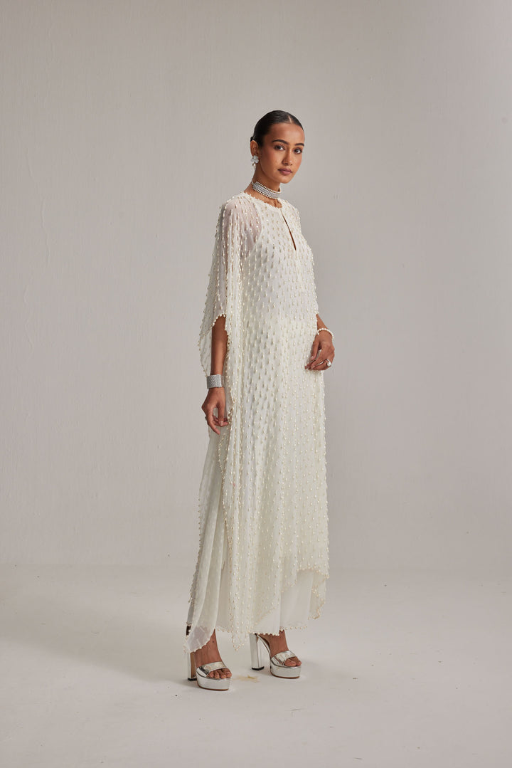 Off White Pearl Drop Kaftaan Set