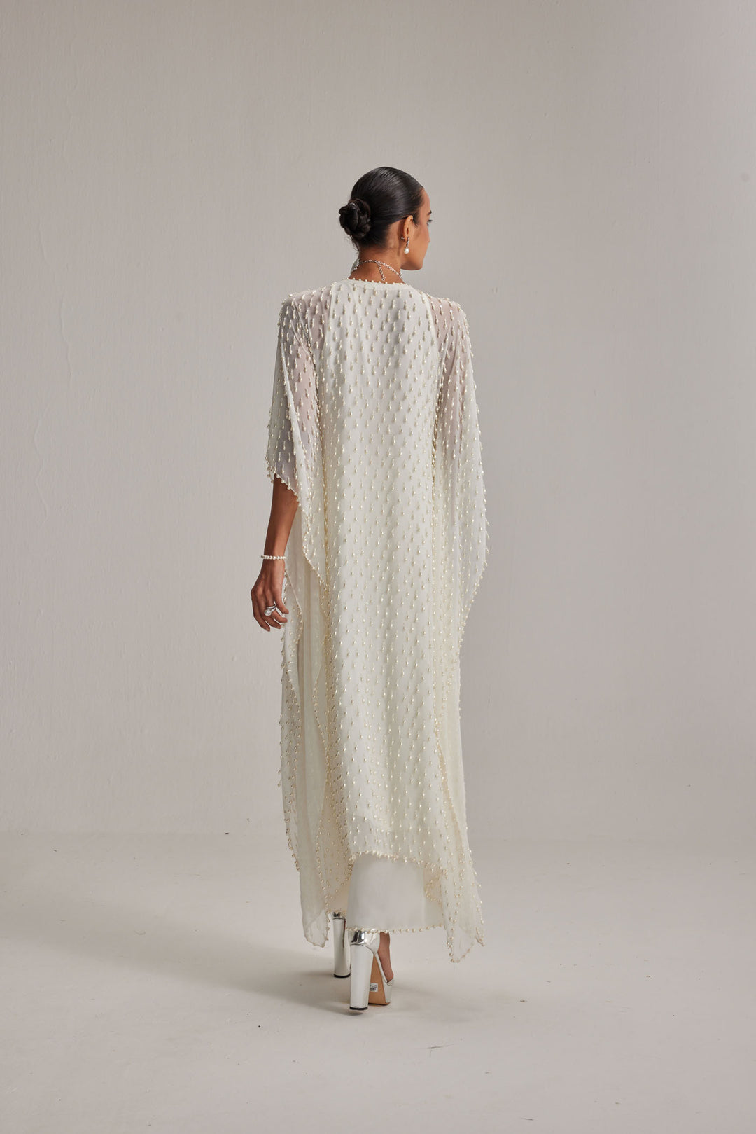 Off White Pearl Drop Kaftaan Set