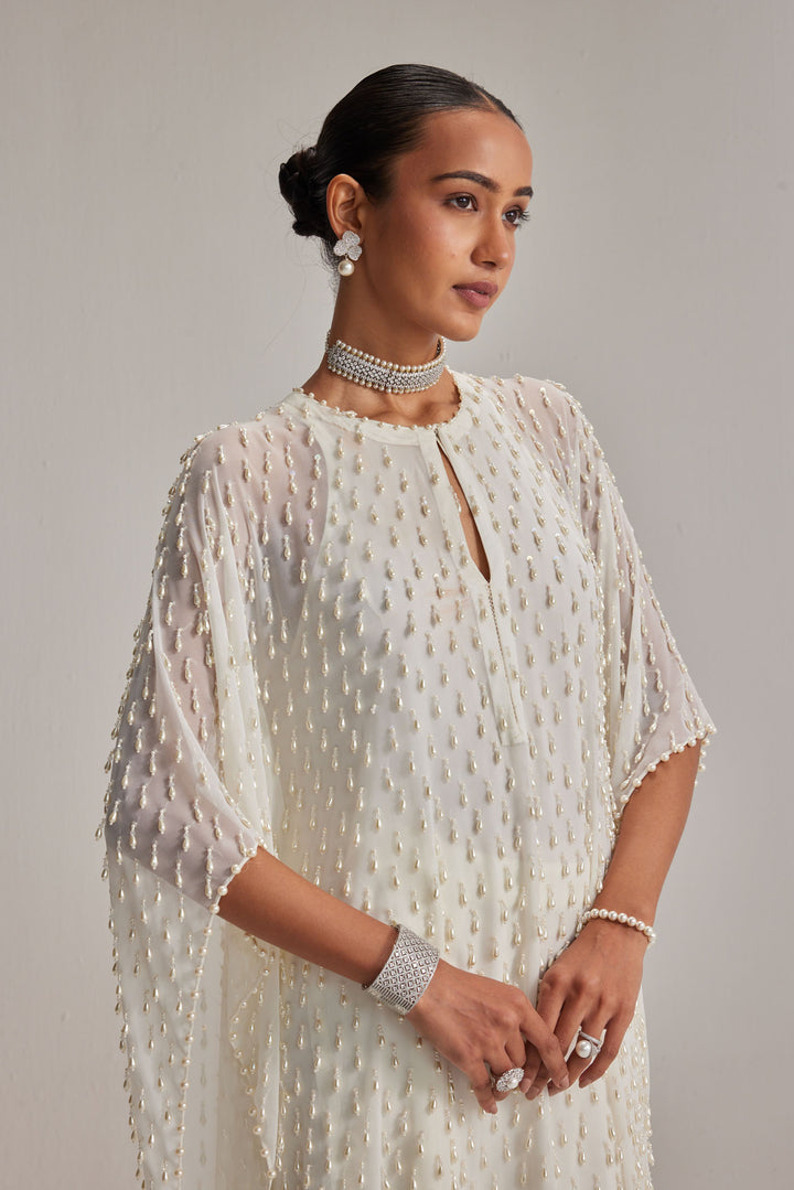 Off White Pearl Drop Kaftaan Set