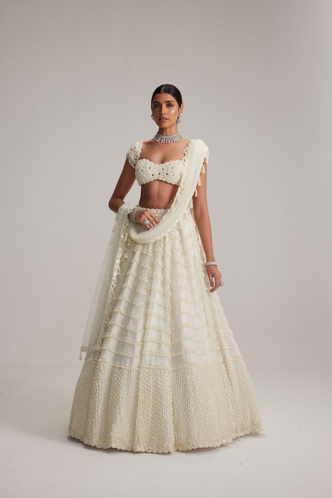 Off White Mirror And Pearl Drop Bridal Lehenga Set