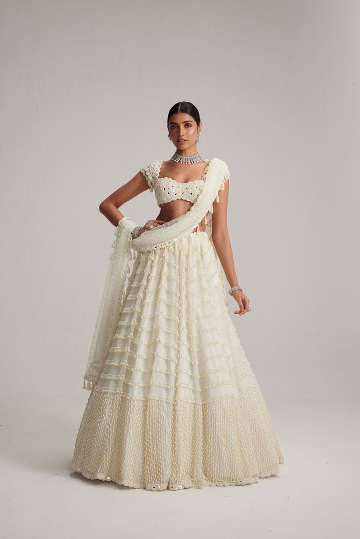 Off White Mirror And Pearl Drop Bridal Lehenga Set