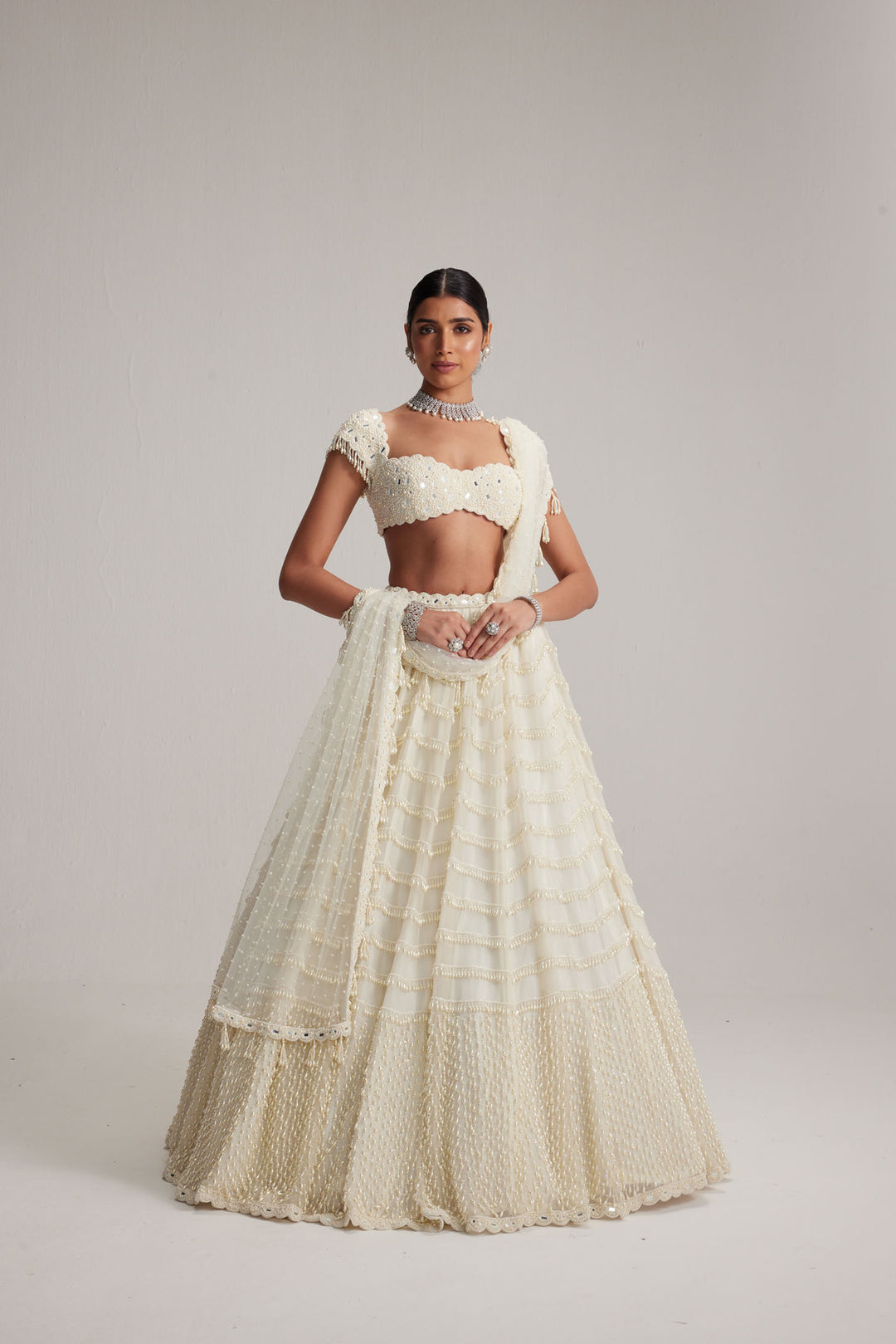 Off White Mirror And Pearl Drop Bridal Lehenga Set