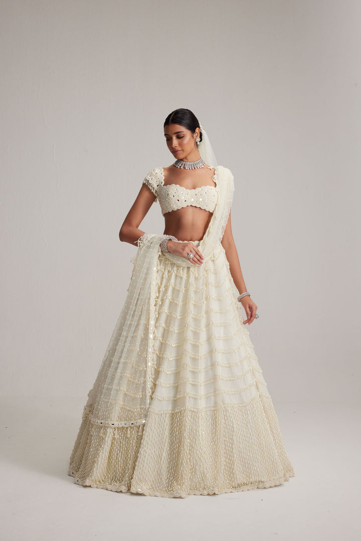Off White Mirror And Pearl Drop Bridal Lehenga Set With Veil