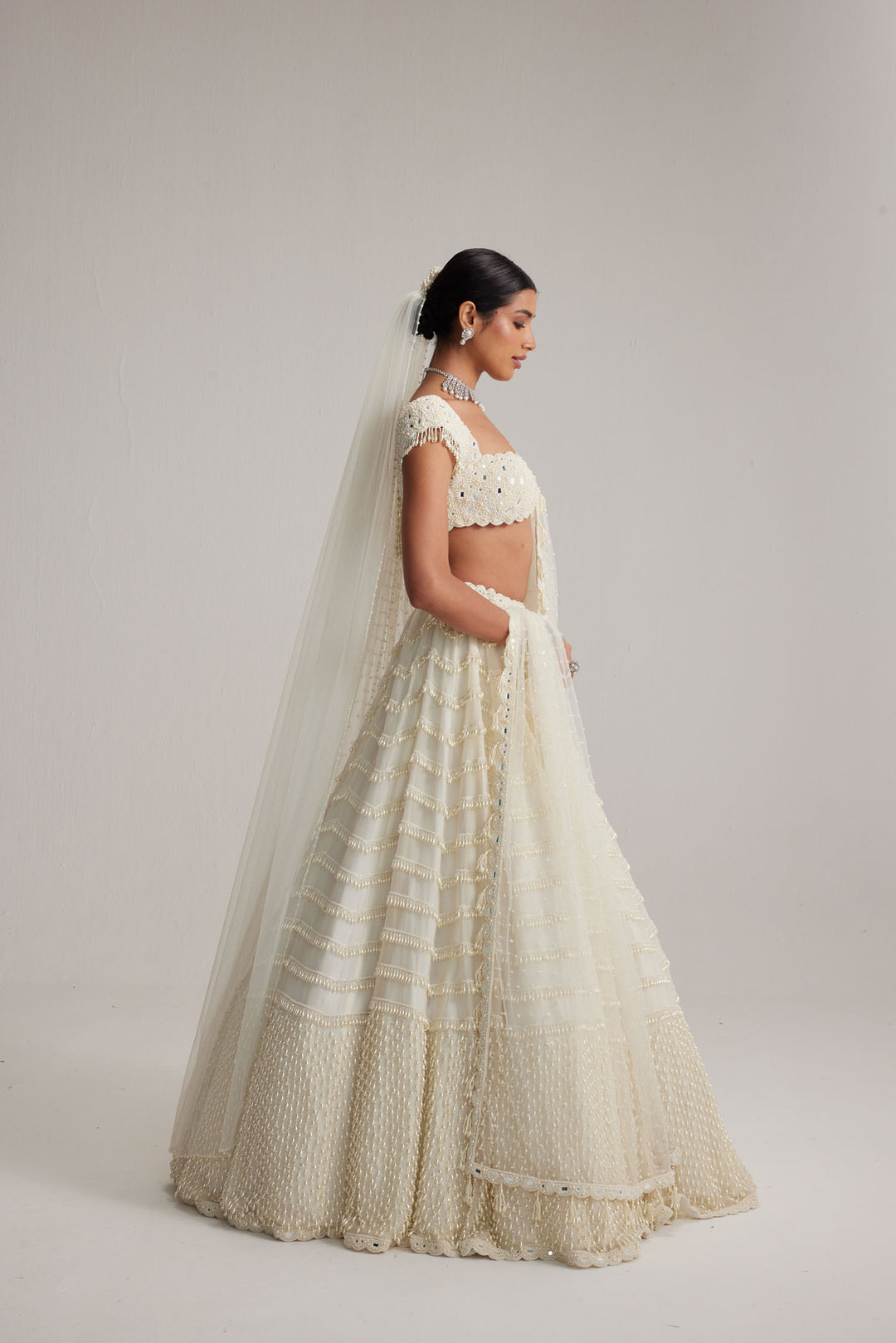 Off White Mirror And Pearl Drop Bridal Lehenga Set With Veil