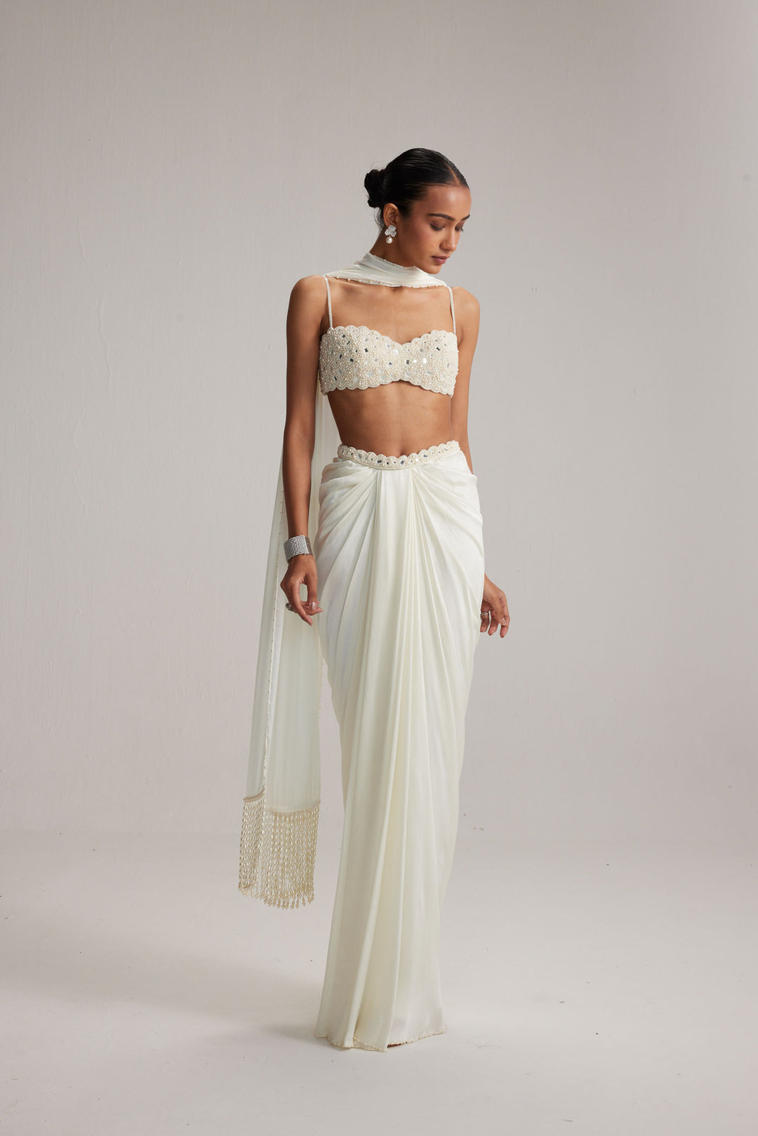 Off White Satin Draped Skirt Set