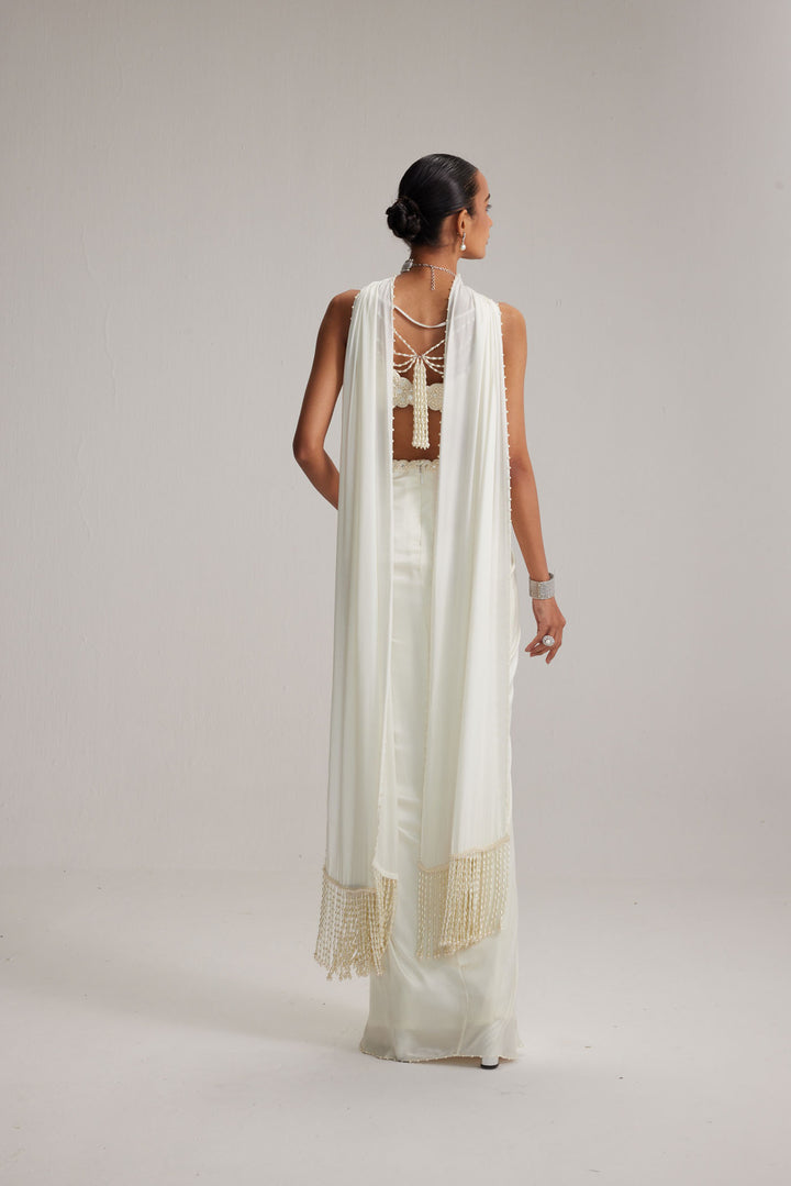 Off White Satin Draped Skirt Set