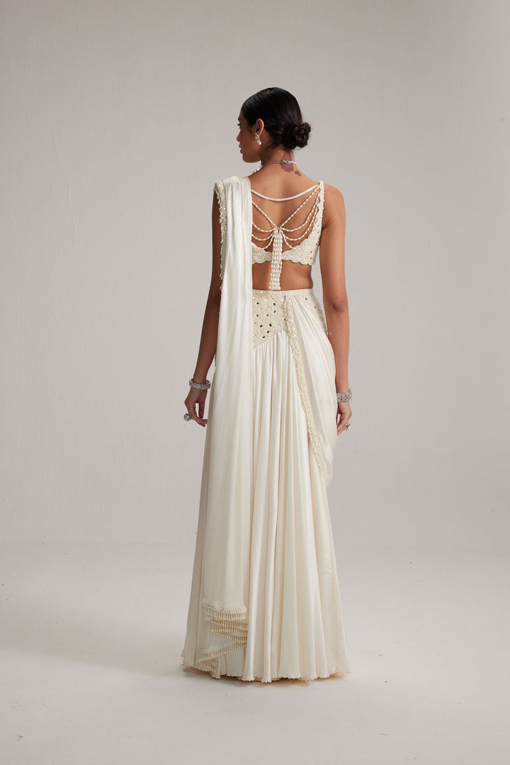 Off White Pearl And Mirror Embroidered Satin Draped Saree Set