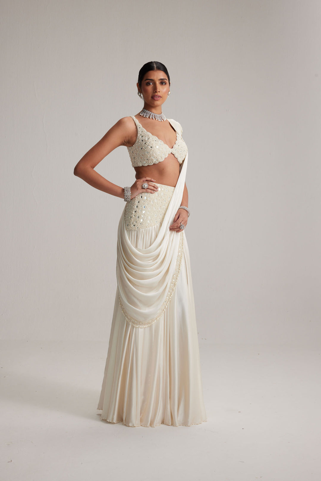 Off White Pearl And Mirror Embroidered Satin Draped Saree Set