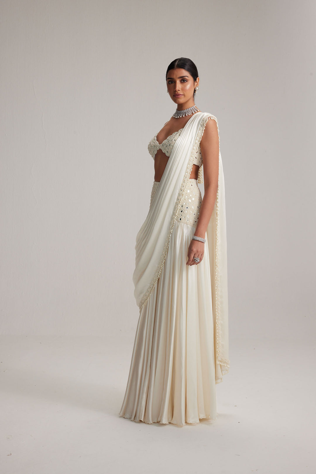 Off White Pearl And Mirror Embroidered Satin Draped Saree Set