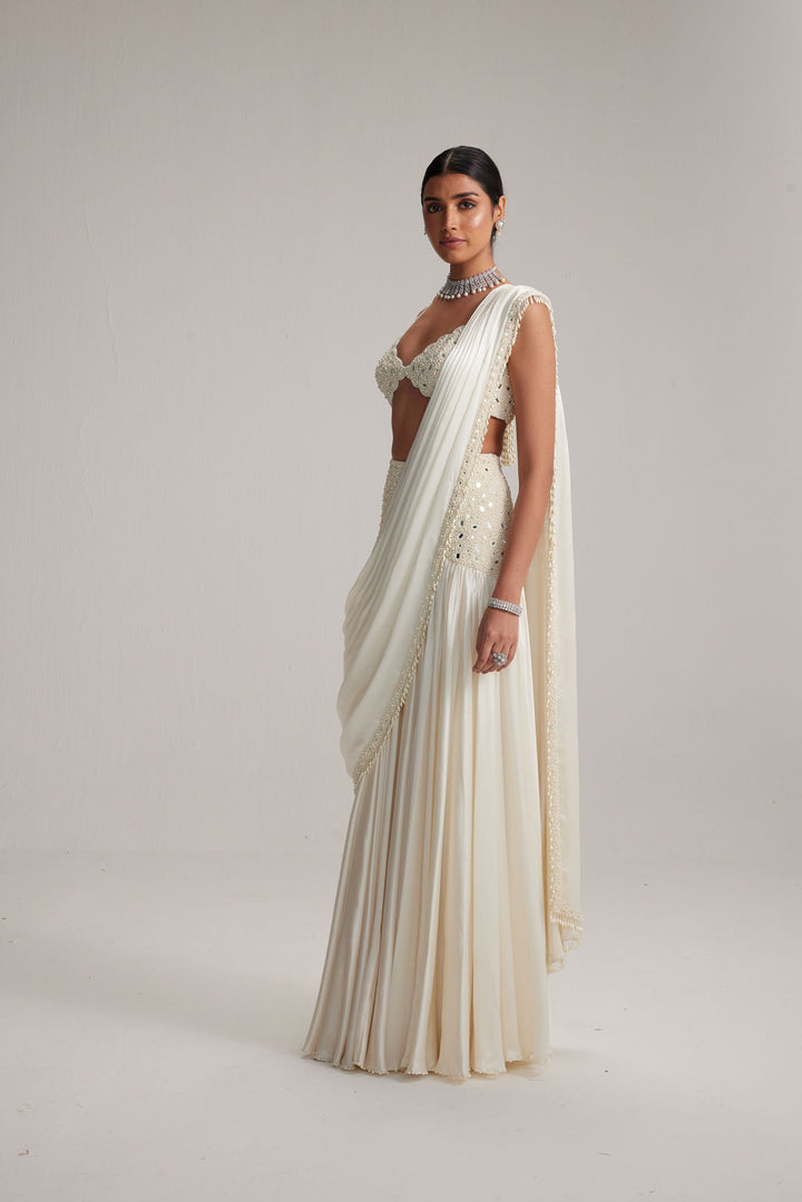 Off White Pearl And Mirror Embroidered Satin Draped Saree Set