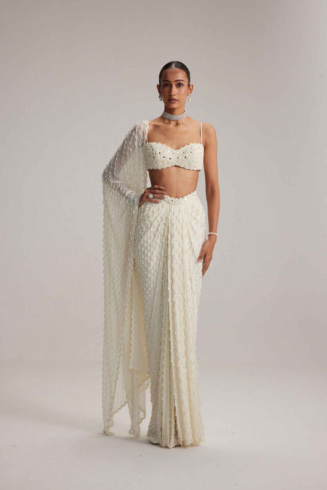 Pearl White Dense Drop Draped Skirt Set