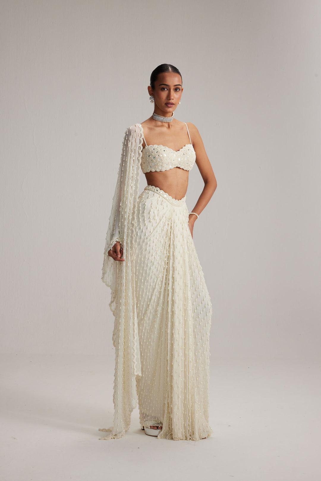Pearl White Dense Drop Draped Skirt Set