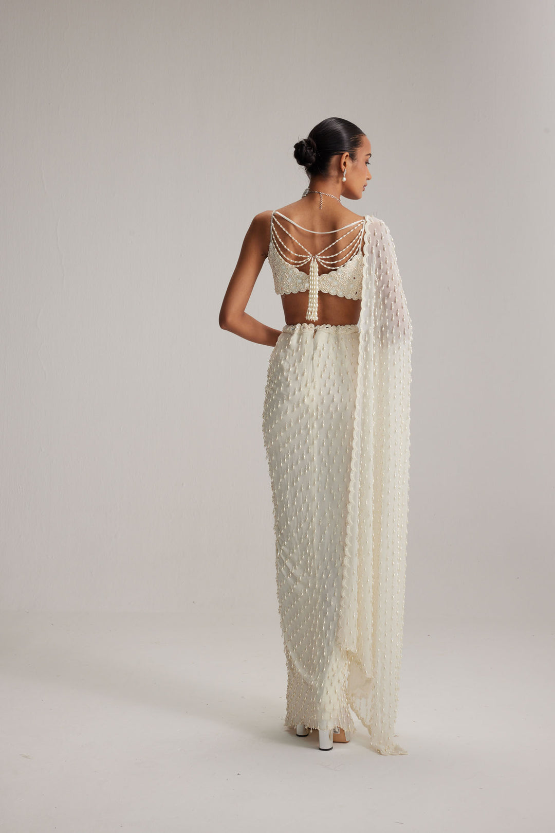 Pearl White Dense Drop Draped Skirt Set