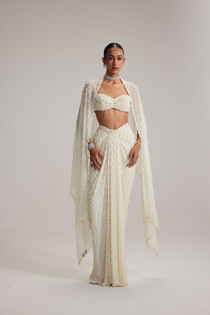 Pearl White Dense Drop Draped Skirt Set