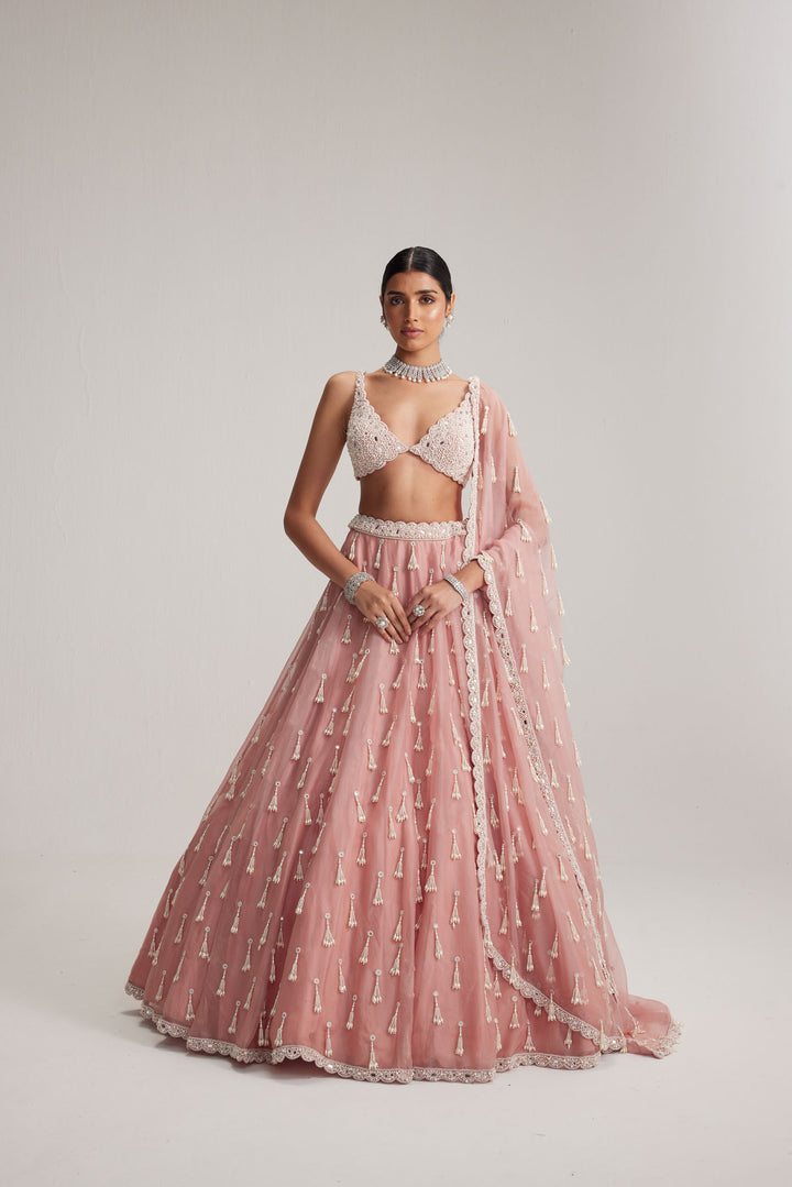 Dusty Rose Organza Long Pearl Tassels Lehenga Set