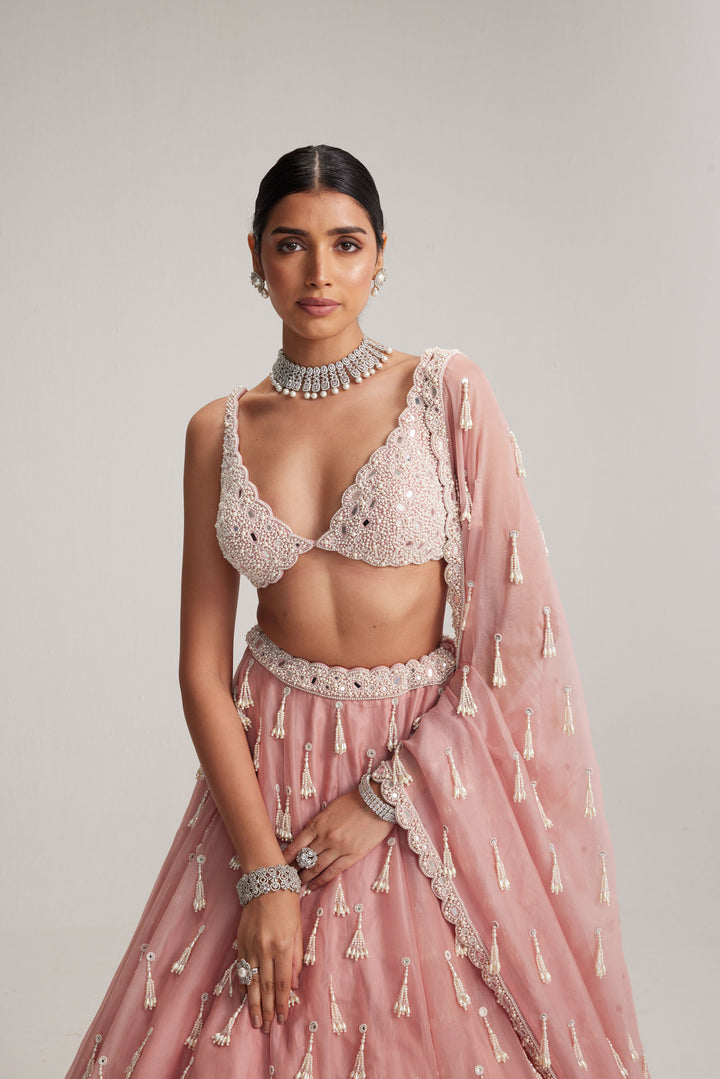 Dusty Rose Organza Long Pearl Tassels Lehenga Set