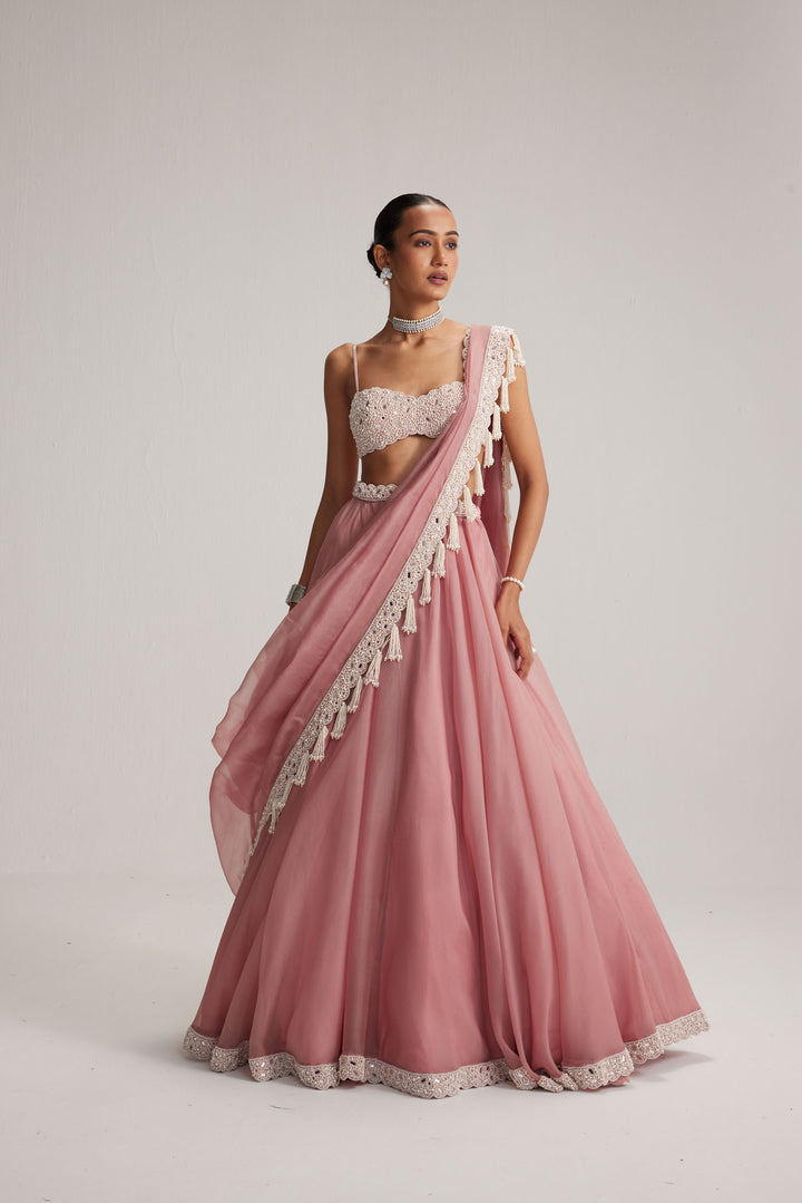 Dusty Rose Organza Mirror And Pearl Lehenga Set