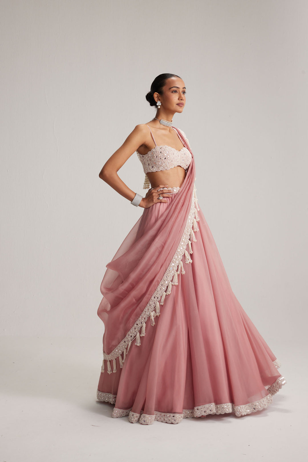 Dusty Rose Organza Mirror And Pearl Lehenga Set