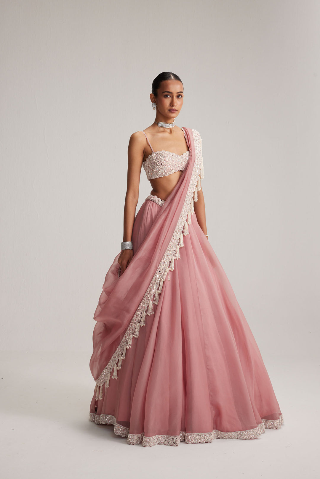 Dusty Rose Organza Mirror And Pearl Lehenga Set