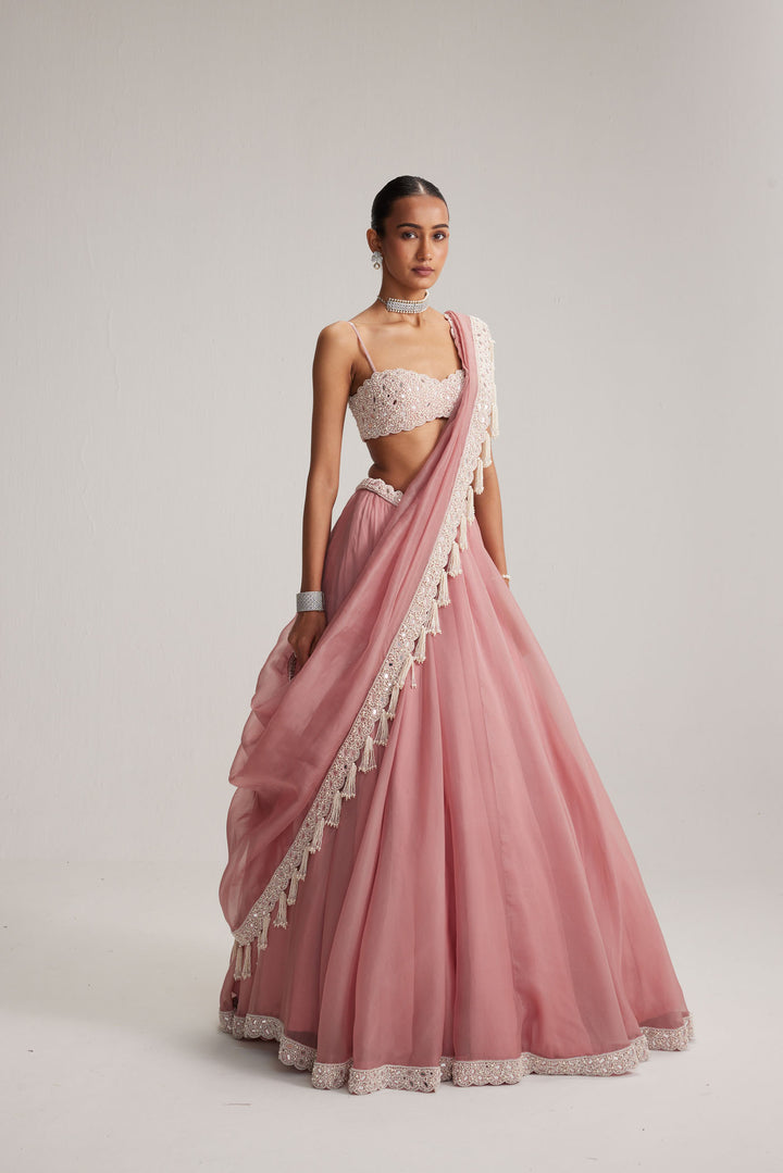Dusty Rose Organza Mirror And Pearl Lehenga Set