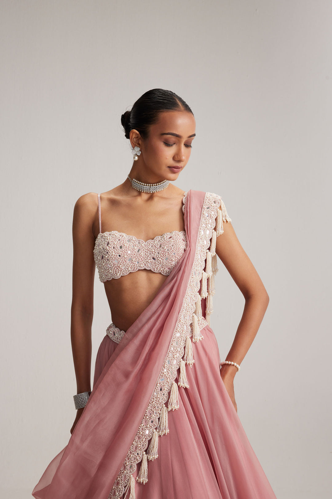 Dusty Rose Organza Mirror And Pearl Lehenga Set