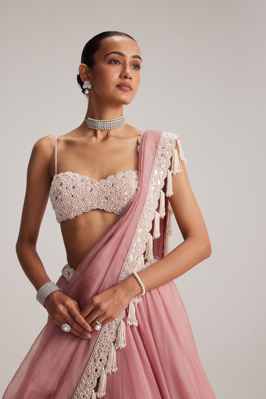 Dusty Rose Organza Mirror And Pearl Lehenga Set
