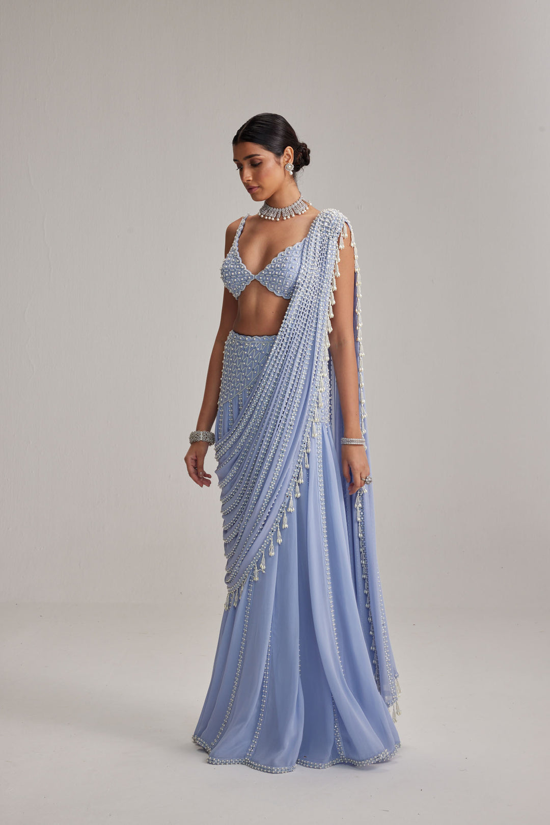 Dew Blue Linear Mirror And Pearl Embroidered Draped Saree Set