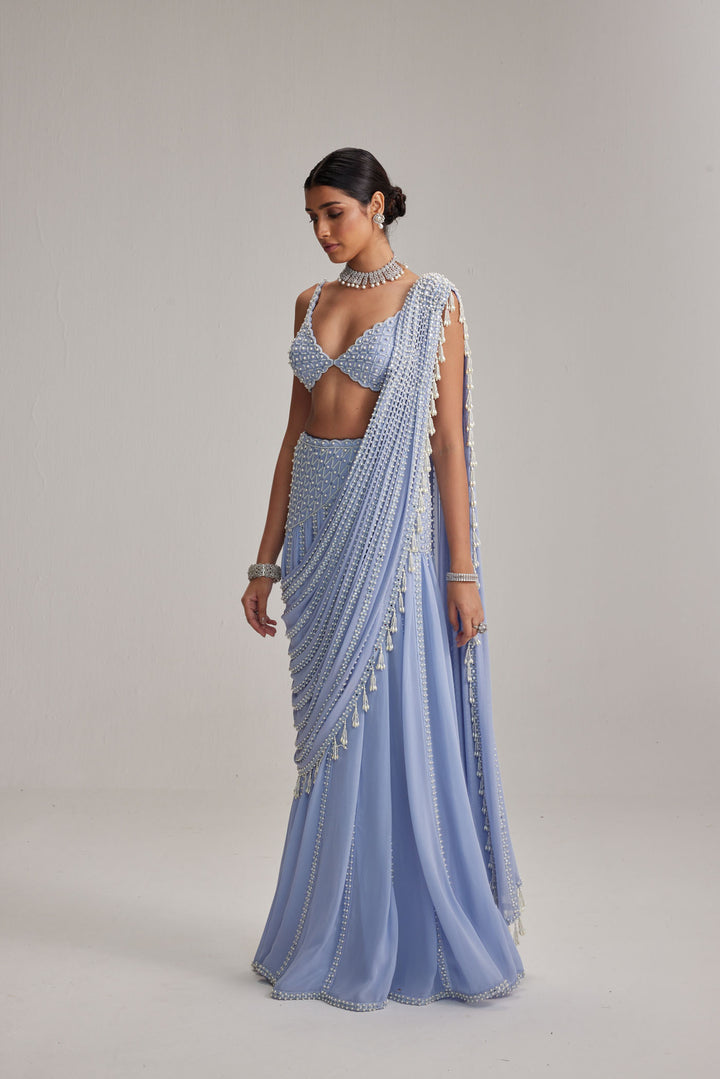 Dew Blue Linear Mirror And Pearl Embroidered Draped Saree Set