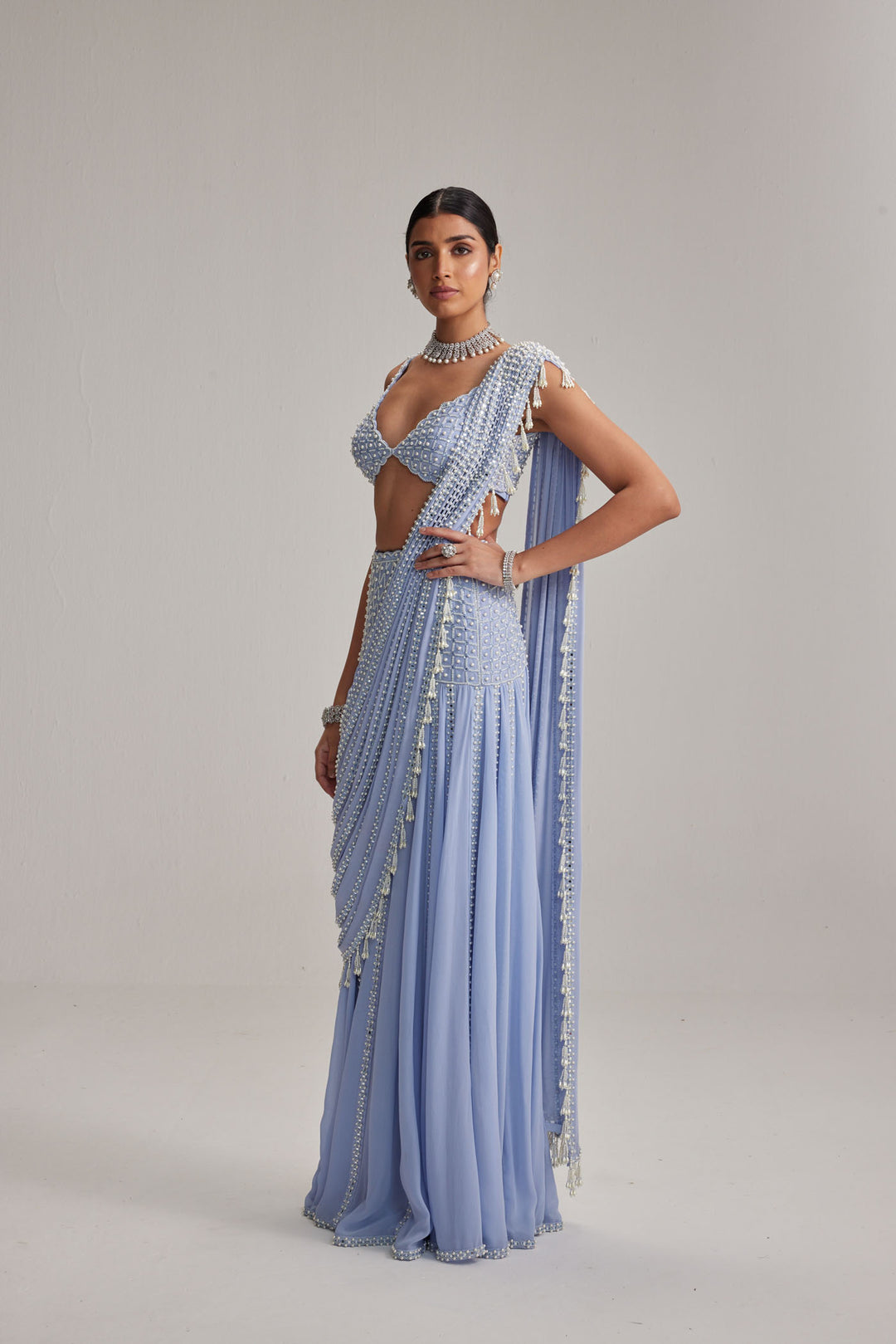 Dew Blue Linear Mirror And Pearl Embroidered Draped Saree Set