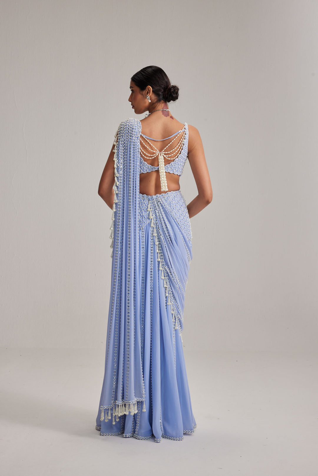 Dew Blue Linear Mirror And Pearl Embroidered Draped Saree Set