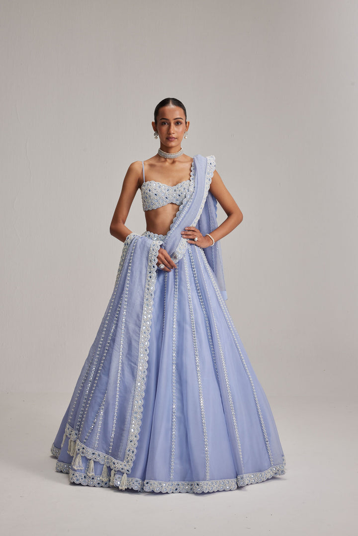 Dew Blue Linear Mirror Organza Lehenga Set