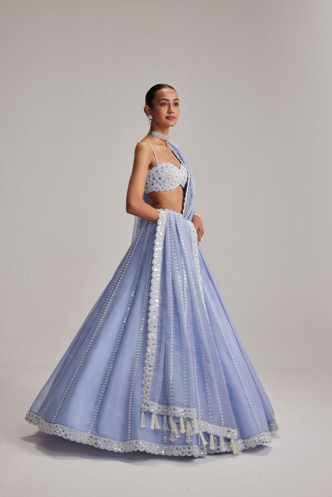 Dew Blue Linear Mirror Organza Lehenga Set