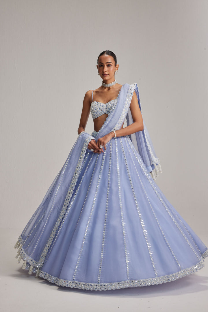 Dew Blue Linear Mirror Organza Lehenga Set