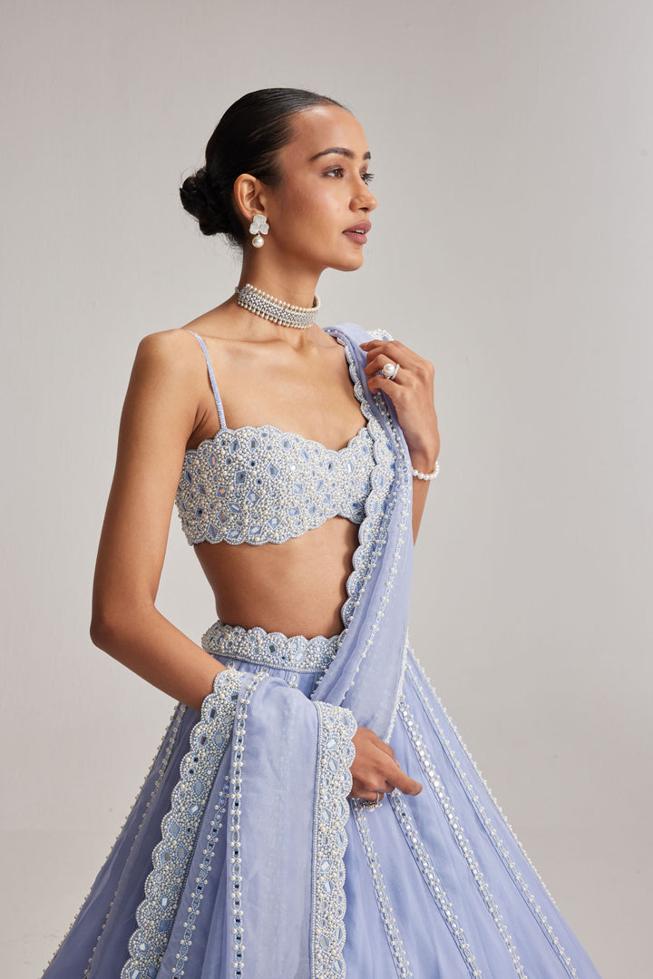 Dew Blue Linear Mirror Organza Lehenga Set