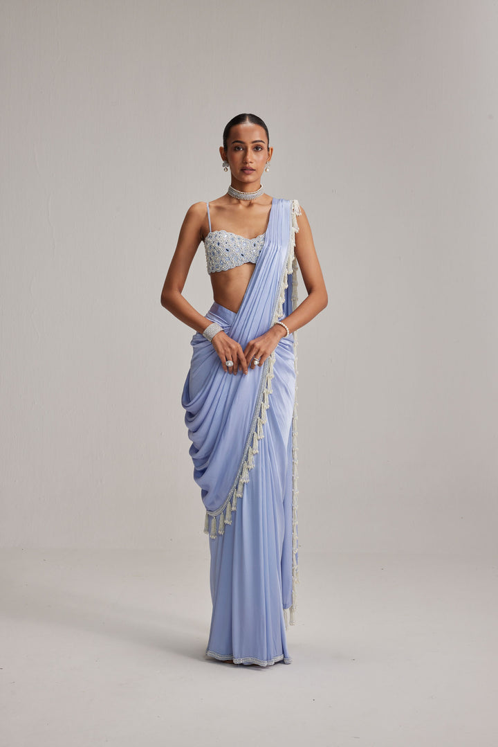 Dew Blue Satin Draped Saree Set