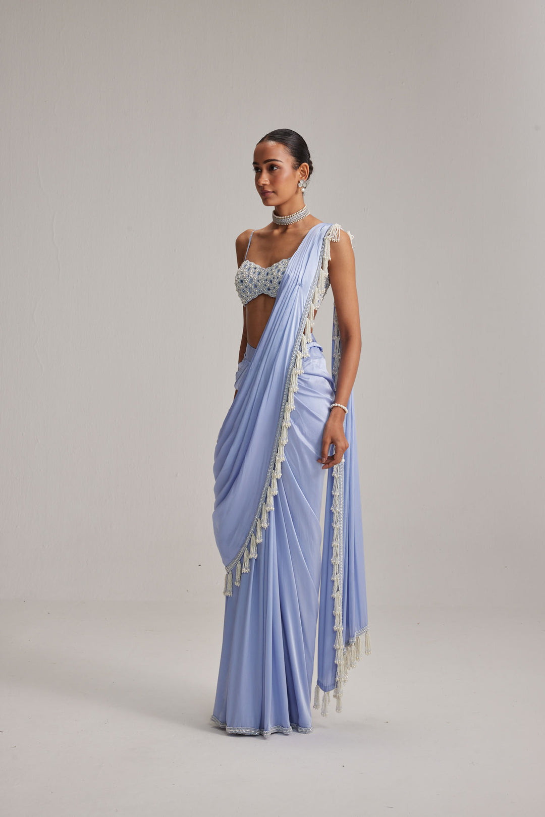 Dew Blue Satin Draped Saree Set
