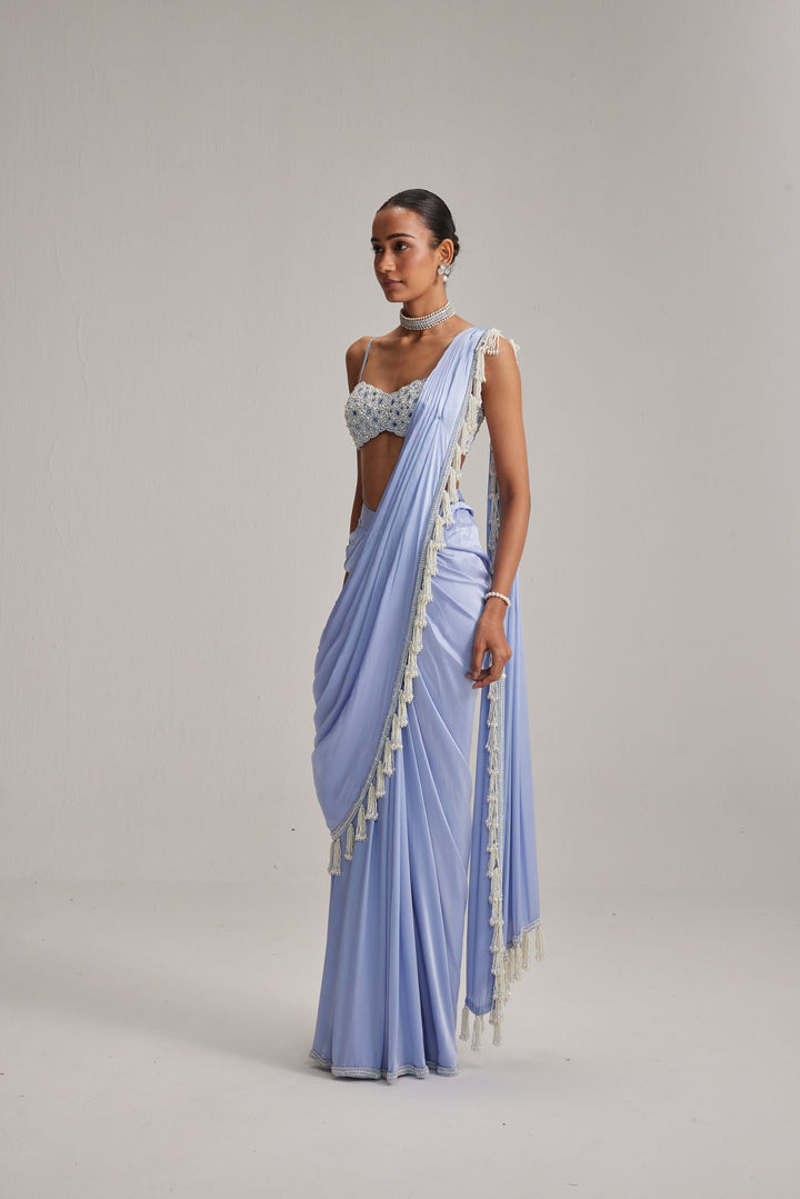 Dew Blue Satin Draped Saree Set