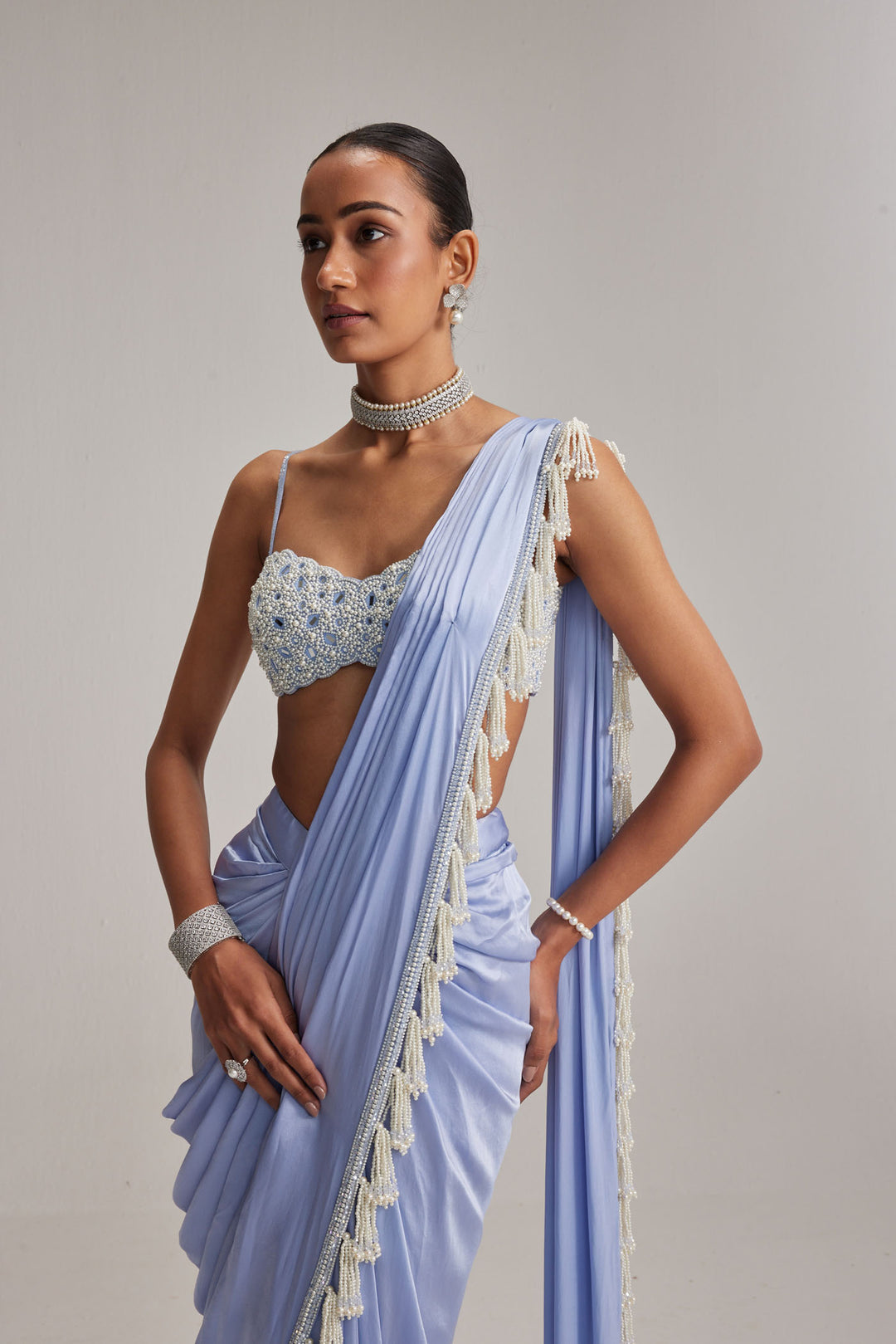 Dew Blue Satin Draped Saree Set