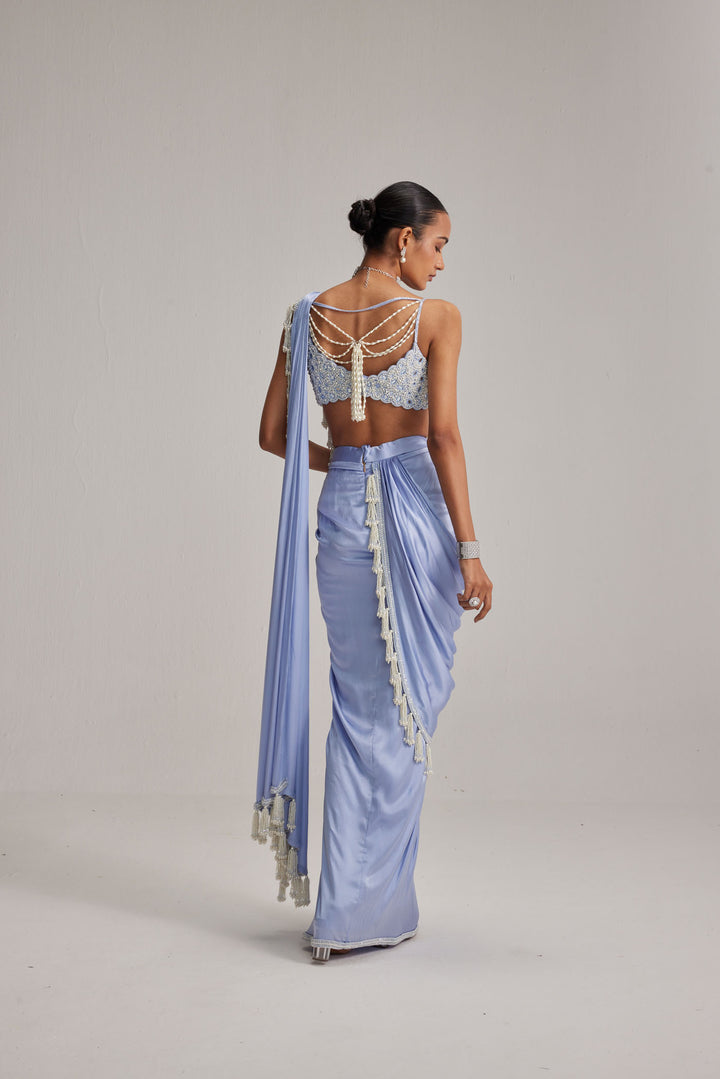 Dew Blue Satin Draped Saree Set