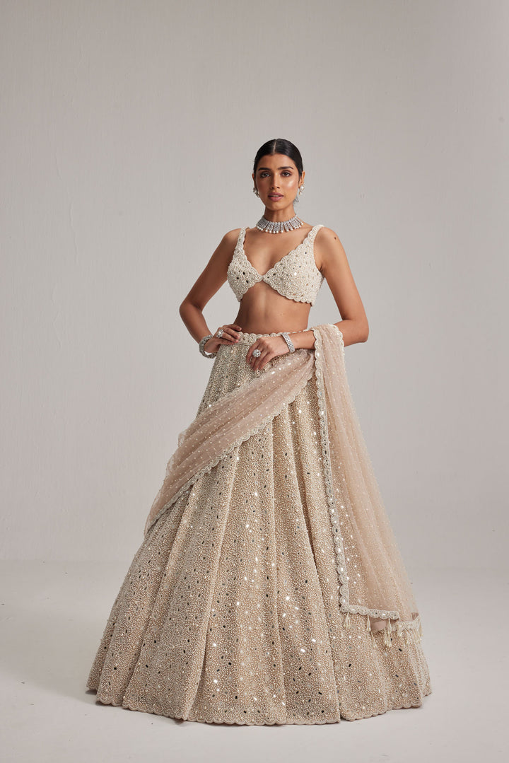 Light Beige Dense Mirror And Pearl Lehenga Set
