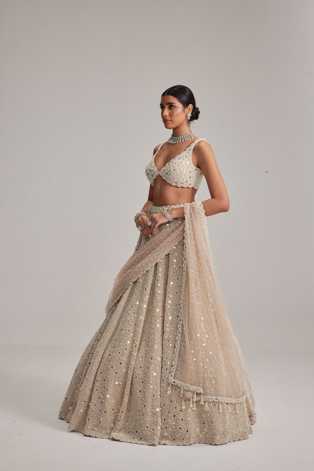 Light Beige Dense Mirror And Pearl Lehenga Set