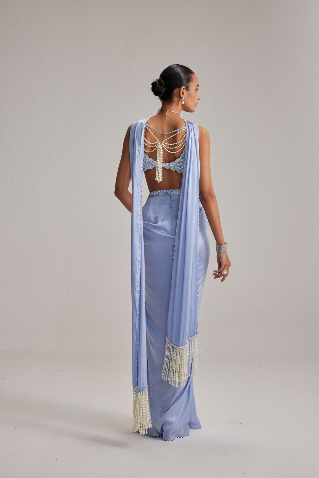 Dew Blue Satin Draped Skirt Set