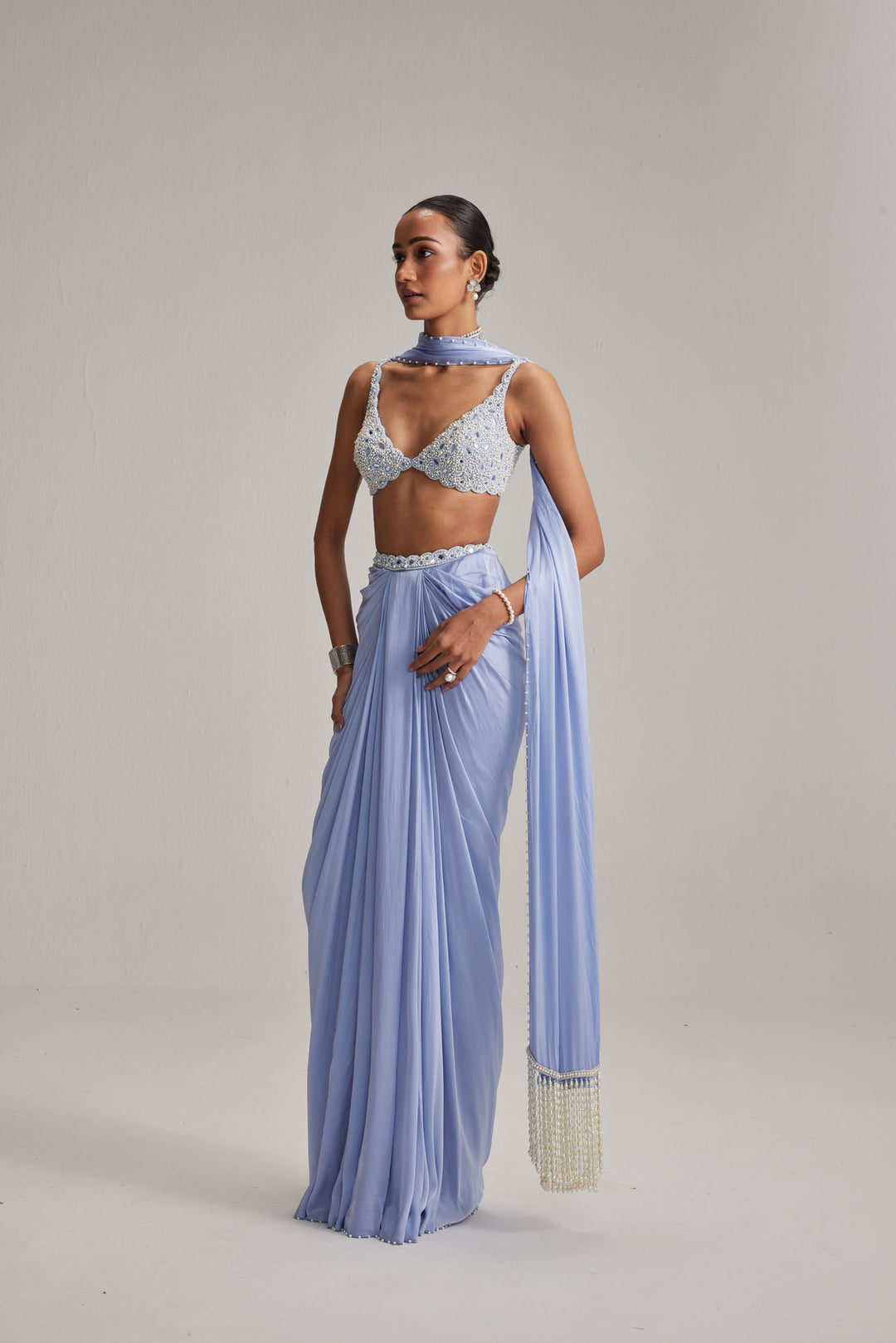 Dew Blue Satin Draped Skirt Set