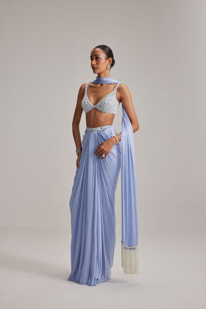 Dew Blue Satin Draped Skirt Set