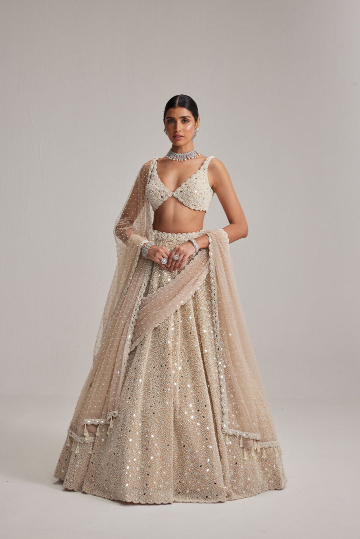 Light Beige Dense Mirror And Pearl Lehenga Set With Double Dupatta