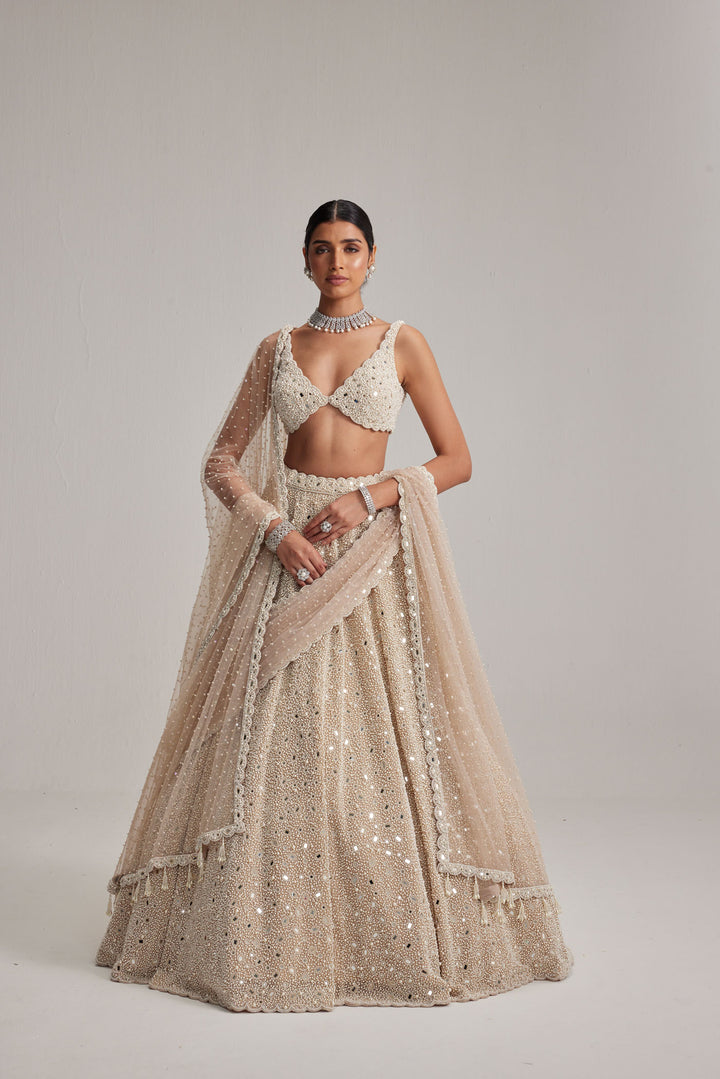 Light Beige Dense Mirror And Pearl Lehenga Set With Double Dupatta And Veil