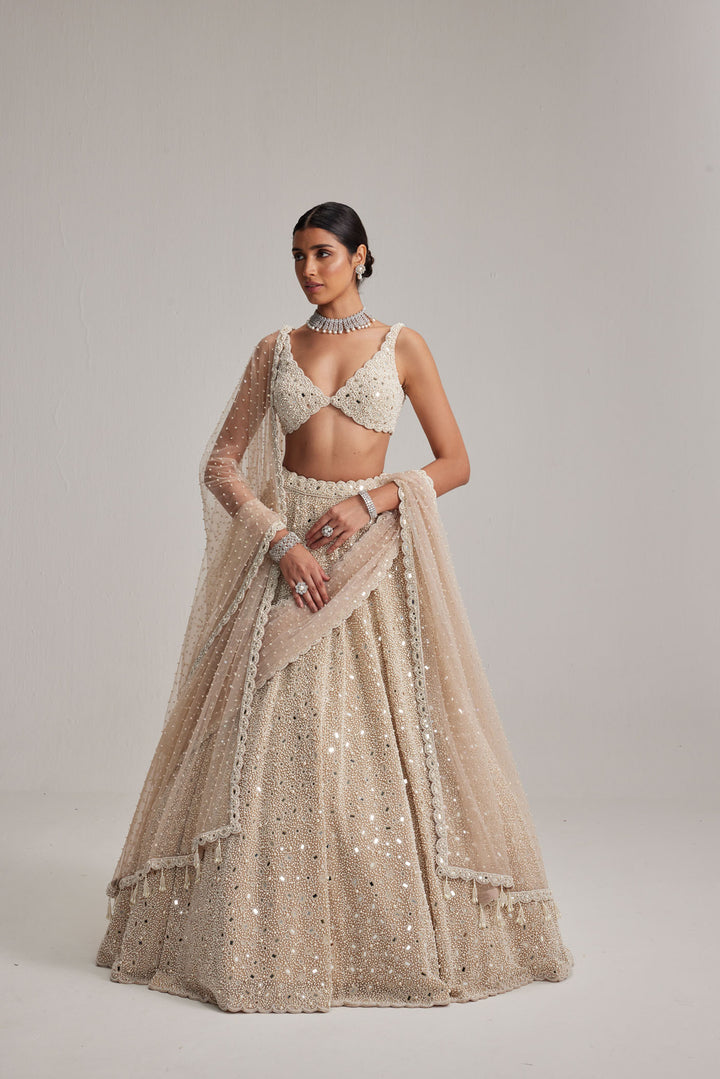Light Beige Dense Mirror And Pearl Lehenga Set With Double Dupatta