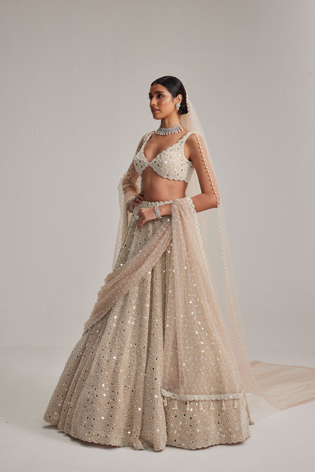 Light Beige Dense Mirror And Pearl Lehenga Set With Double Dupatta And Veil