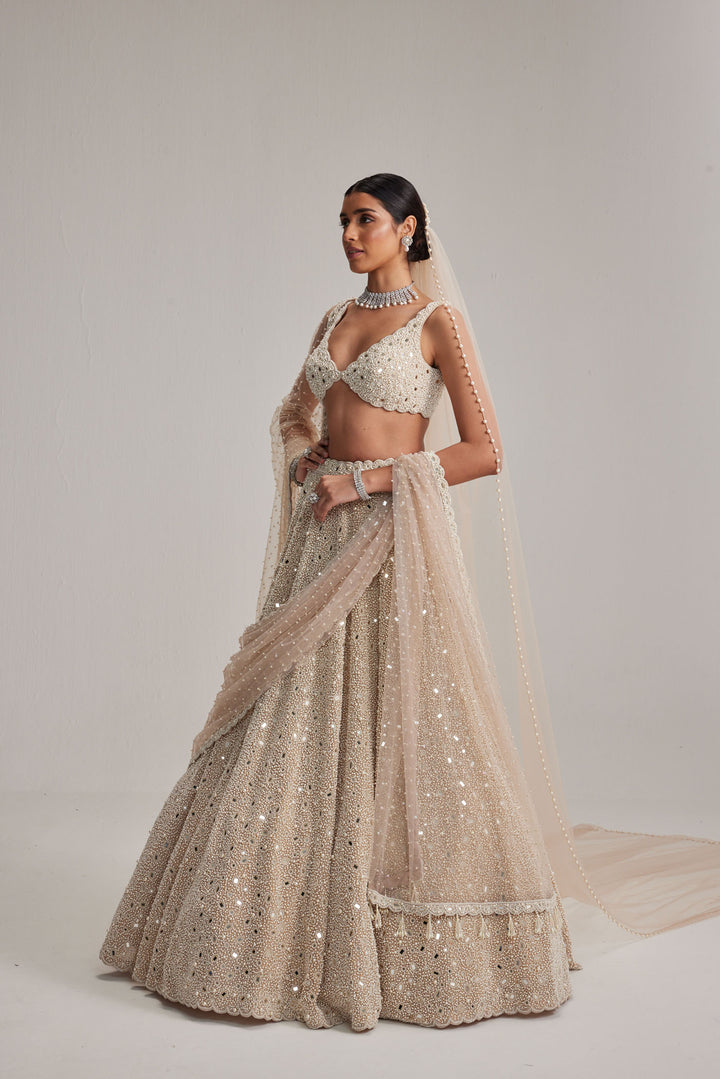 Light Beige Dense Mirror And Pearl Lehenga Set With Double Dupatta And Veil