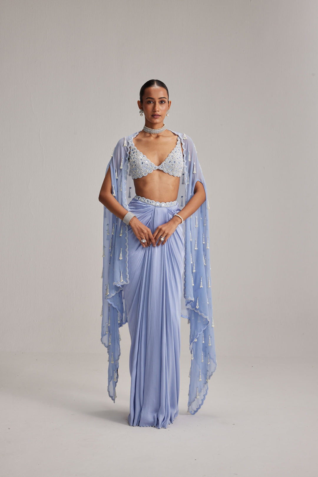 Dew Blue Cape And Satin Draped Skirt Set
